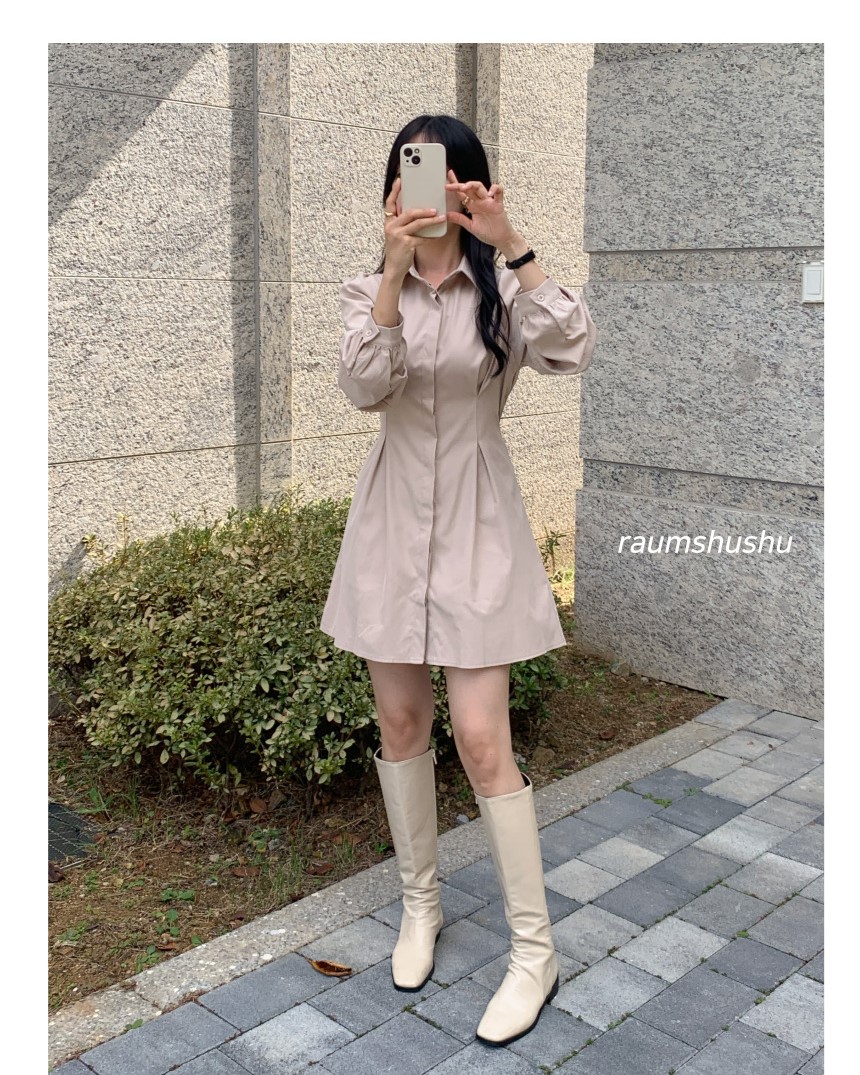 긴팔 셔츠 핀턱 미니 원피스 키작녀 봄 가을 학생 회사 오피스 하객룩 결혼식 데일리 2번째 이미지