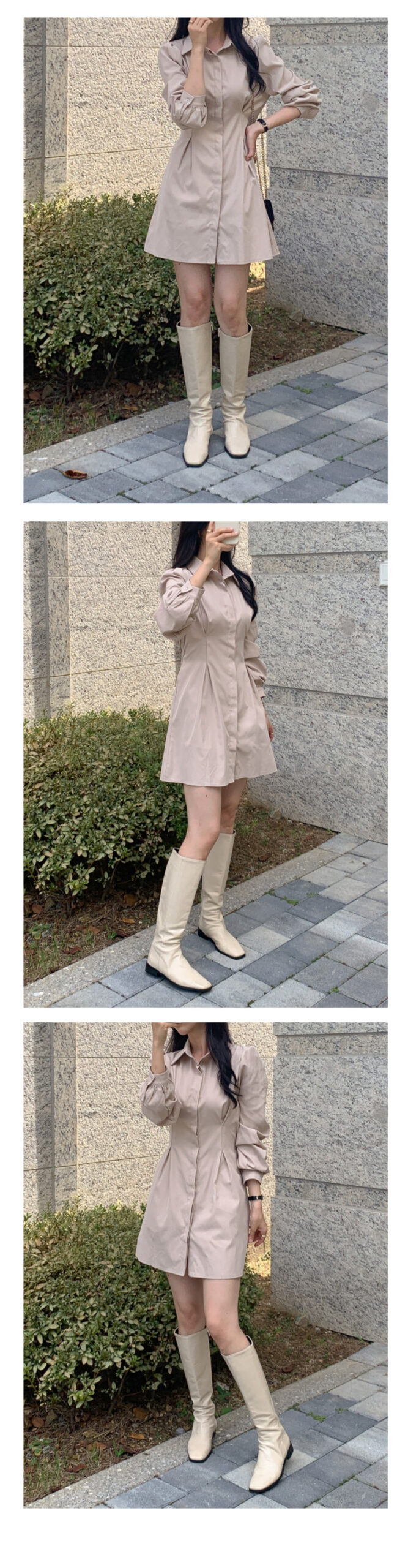긴팔 셔츠 핀턱 미니 원피스 키작녀 봄 가을 학생 회사 오피스 하객룩 결혼식 데일리 3번째 이미지