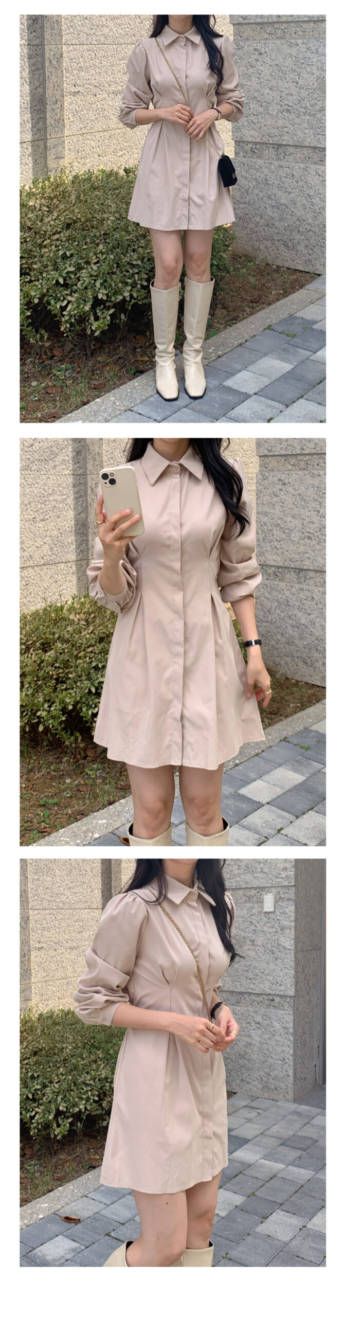 긴팔 셔츠 핀턱 미니 원피스 키작녀 봄 가을 학생 회사 오피스 하객룩 결혼식 데일리 4번째 이미지