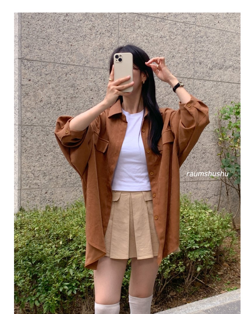 긴팔 오버핏 남방 셔츠 루즈핏 키작녀 간절기 봄 가을 학생 오피스룩 출근 데일리 스웨이드 2번째 이미지