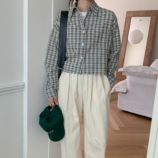 체크 앞포켓 베이직 크롭 캐쥬얼 누빔 캐주얼룩 오늘의코디 데일리 셔츠 남방 겨울 MAIN_0 이미지