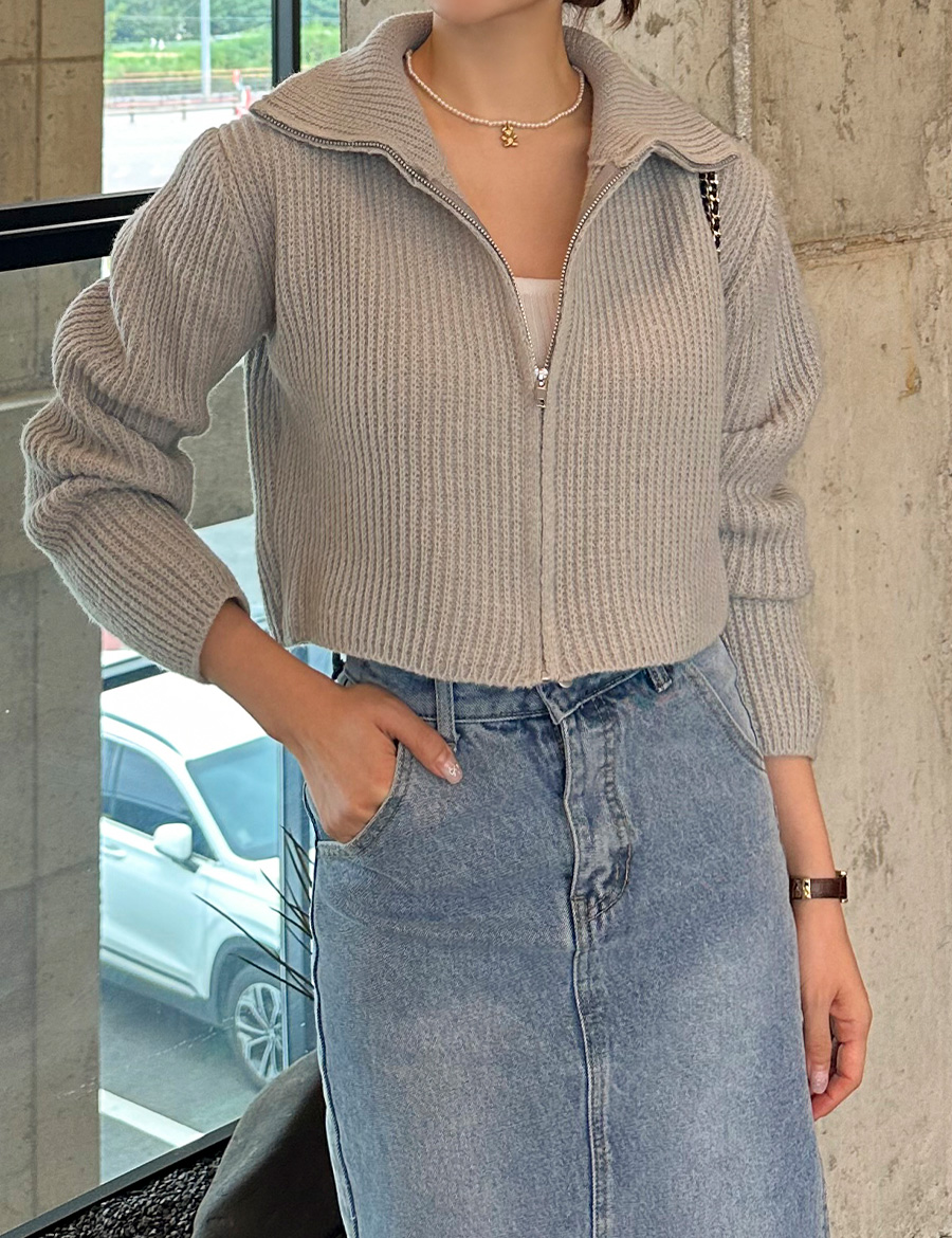 하이넥 집업 크롭 니트 가디건 자켓 봄 가을 아우터 블랙 아이보리 그레이 MAIN_0 이미지