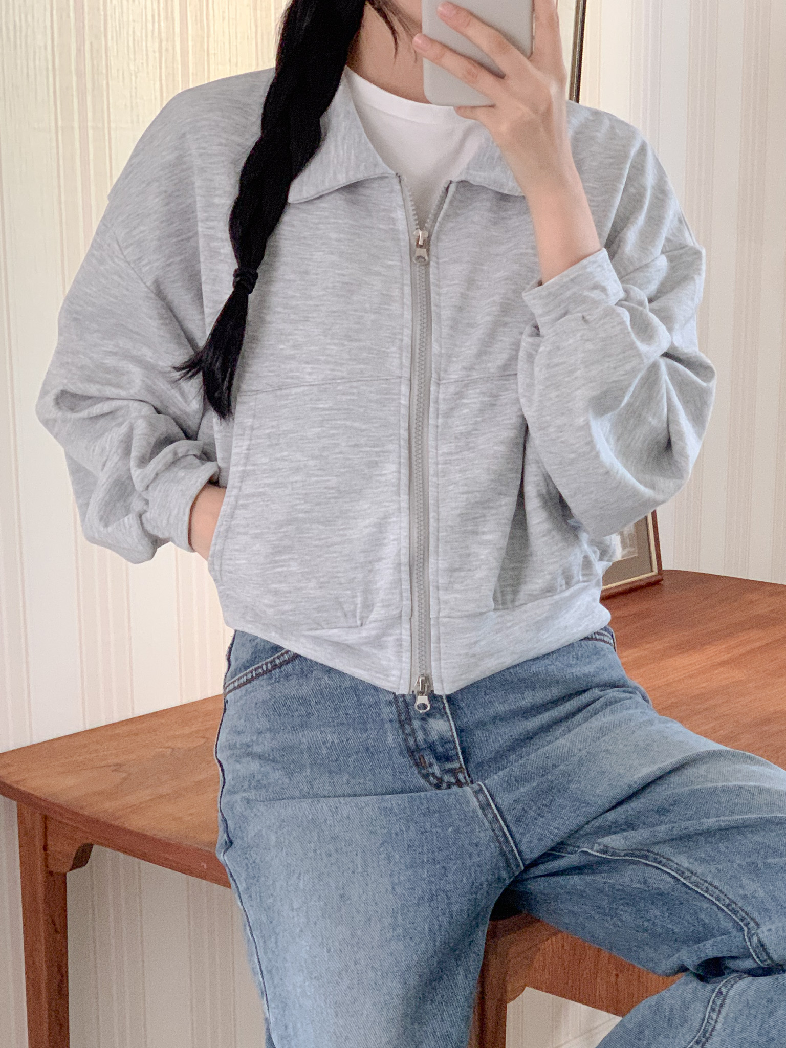 무지 베이직 긴팔 투웨이 집업 점퍼 자켓 잠바 데일리 크롭 후드 6번째 이미지