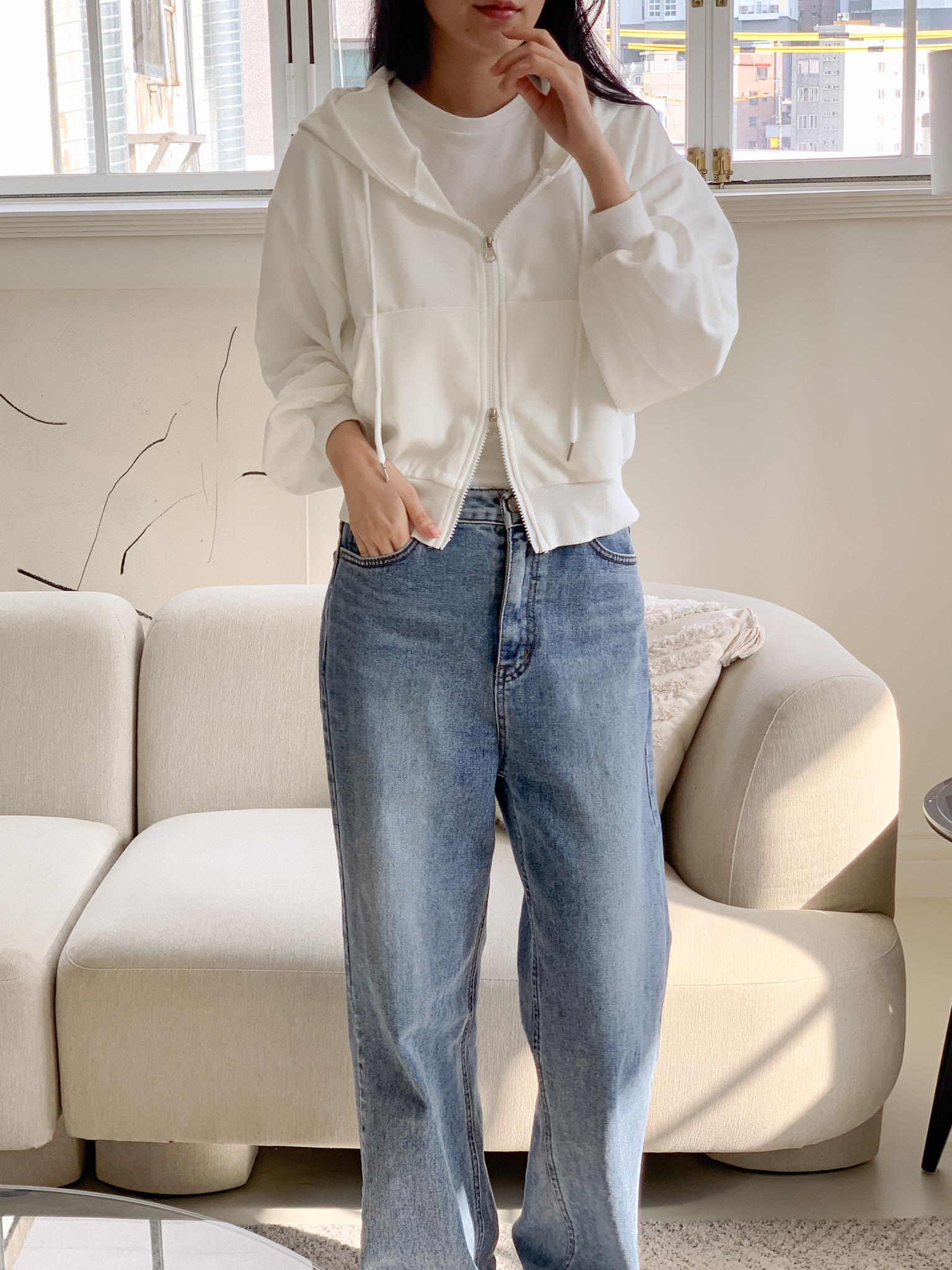 무지 베이직 긴팔 투웨이 집업 점퍼 자켓 잠바 데일리 크롭 후드 70번째 이미지