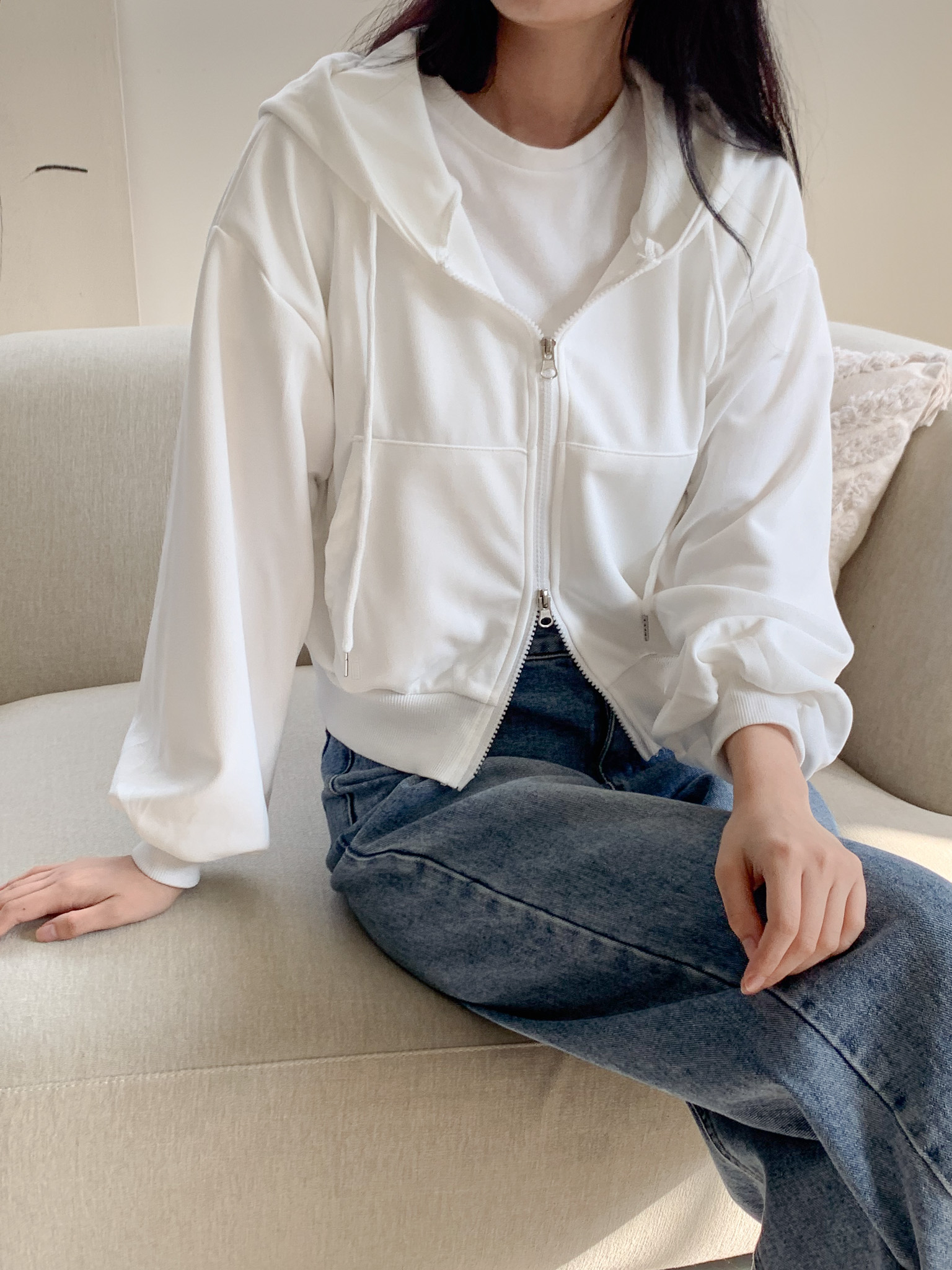 무지 베이직 긴팔 투웨이 집업 점퍼 자켓 잠바 데일리 크롭 후드 77번째 이미지