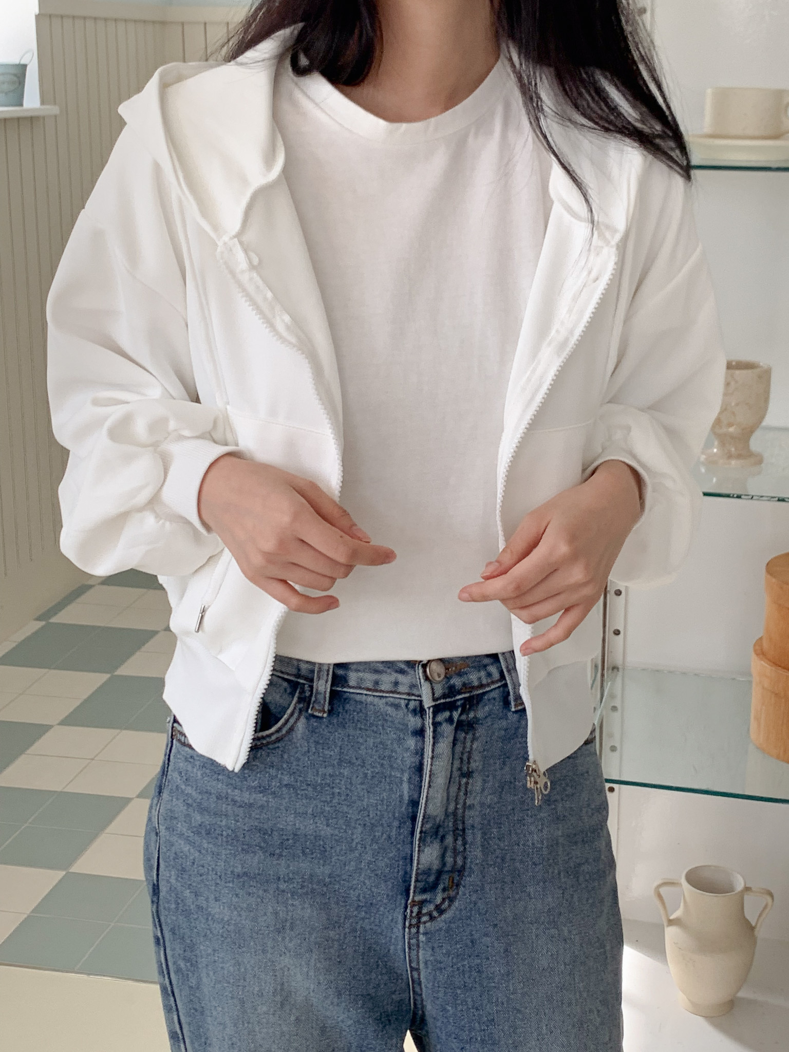 무지 베이직 긴팔 투웨이 집업 점퍼 자켓 잠바 데일리 크롭 후드 81번째 이미지