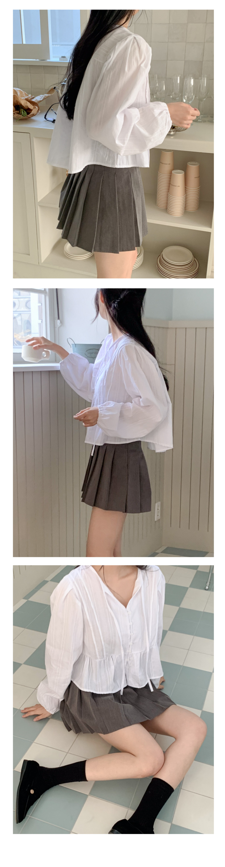 타이 스트랩 긴팔 브이넥 블라우스 셔츠 봄 가을 결혼식 하객룩 데일리 4번째 이미지