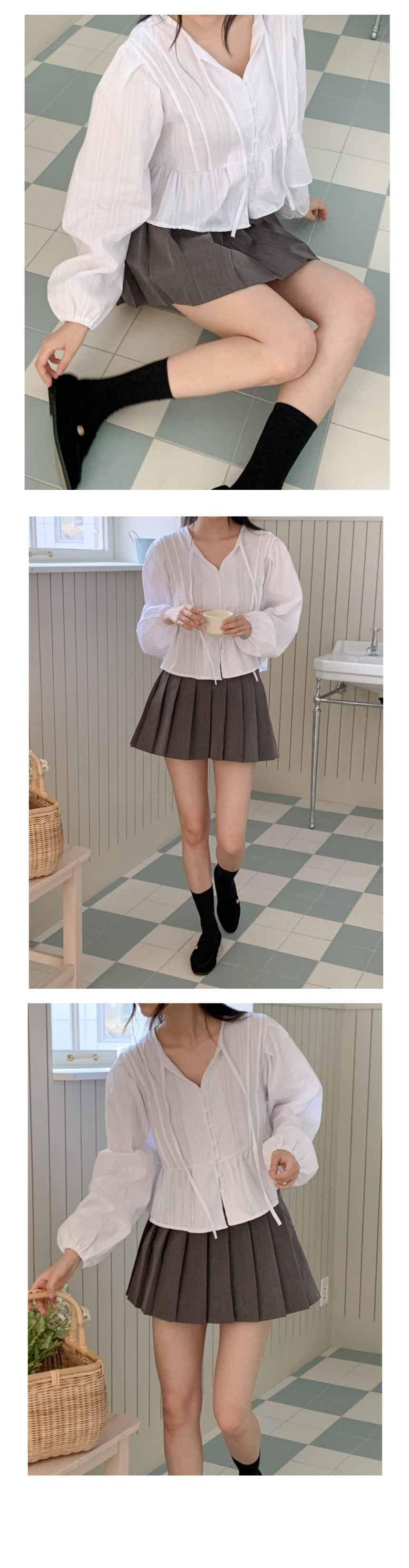 타이 스트랩 긴팔 브이넥 블라우스 셔츠 봄 가을 결혼식 하객룩 데일리 5번째 이미지