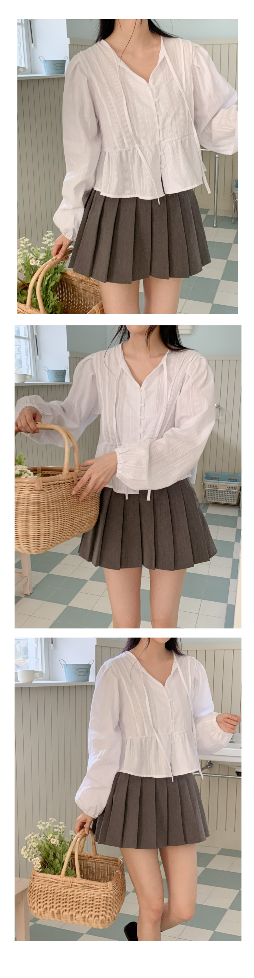 타이 스트랩 긴팔 브이넥 블라우스 셔츠 봄 가을 결혼식 하객룩 데일리 6번째 이미지