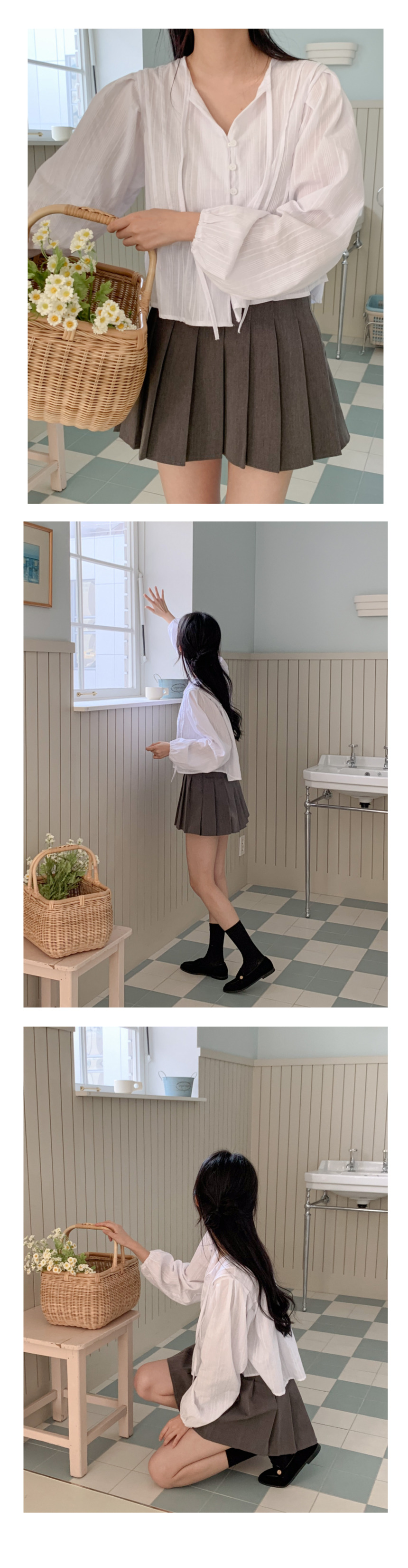 타이 스트랩 긴팔 브이넥 블라우스 셔츠 봄 가을 결혼식 하객룩 데일리 7번째 이미지