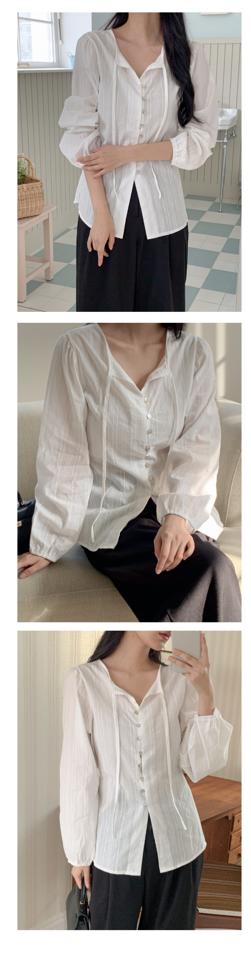 타이 스트랩 긴팔 브이넥 블라우스 셔츠 봄 가을 결혼식 하객룩 데일리 17번째 이미지