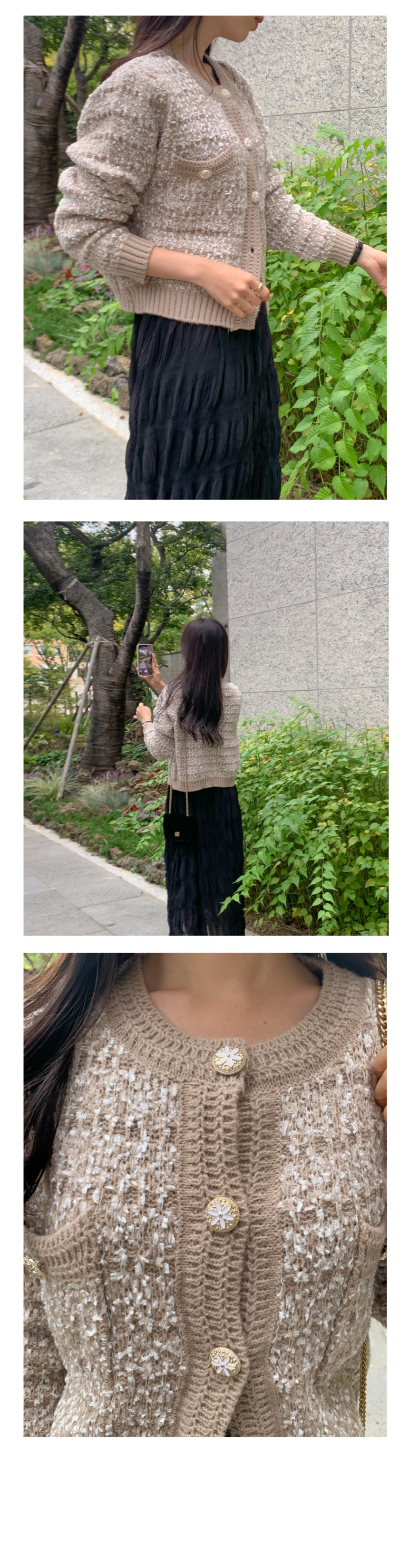 펄 트위드 니트 긴팔 가디건 라운드넥 부클 오피스 데일리 봄 가을 결혼식 하객룩 7번째 이미지