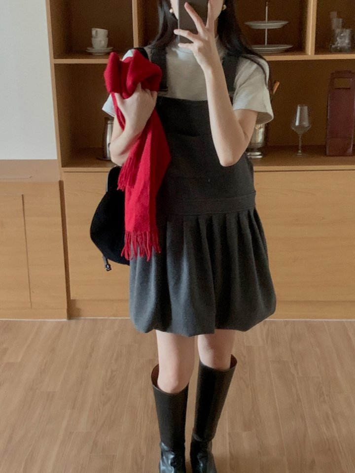 모직 플리츠 멜빵 미니 원피스 치마 키작녀 루즈핏 귀여운 학생 가을 겨울 2번째 이미지