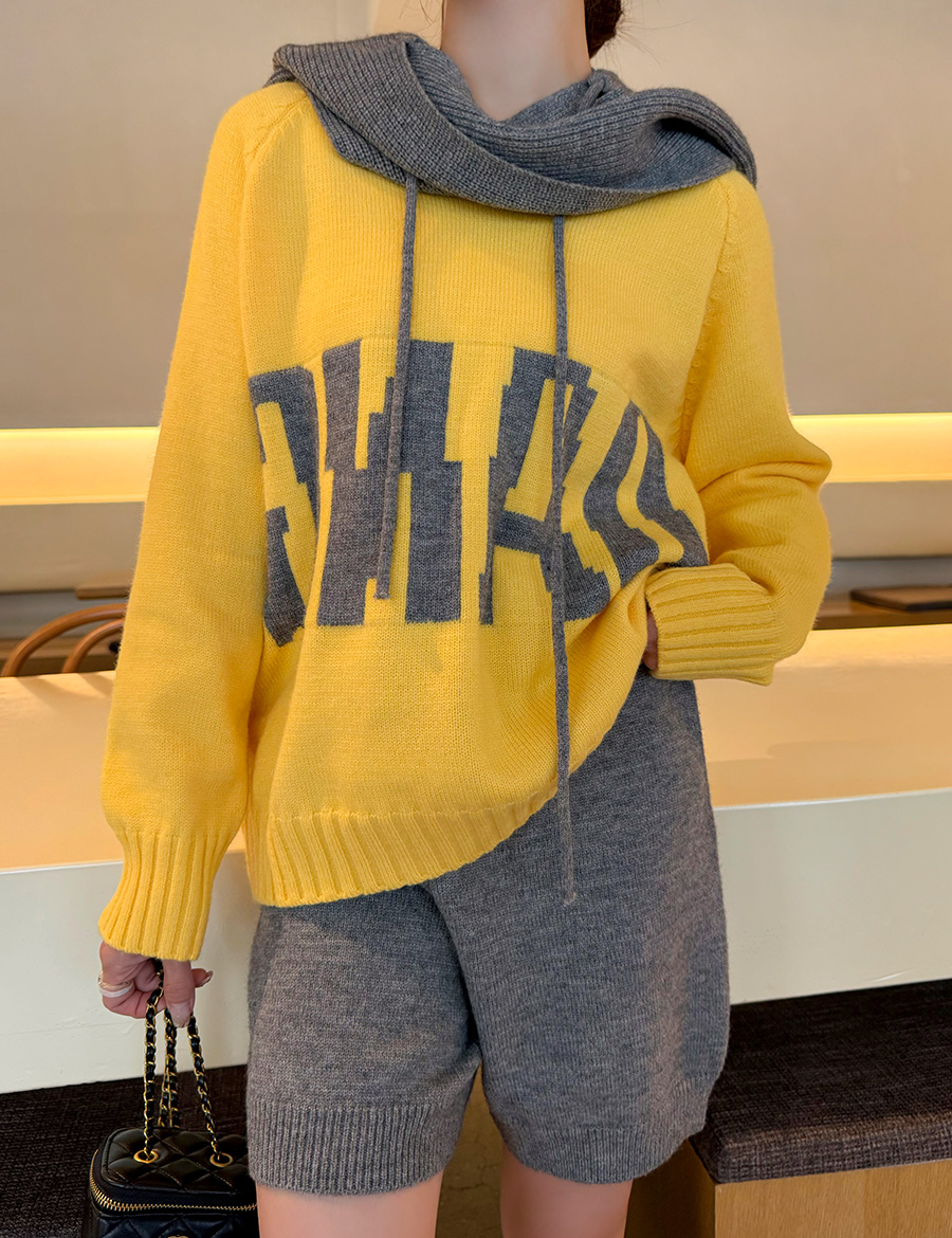 부드러운 3피스세트 박시 니트 반바지 숄 후드 옐로우 폴리 아크릴 스판 MAIN_0 이미지