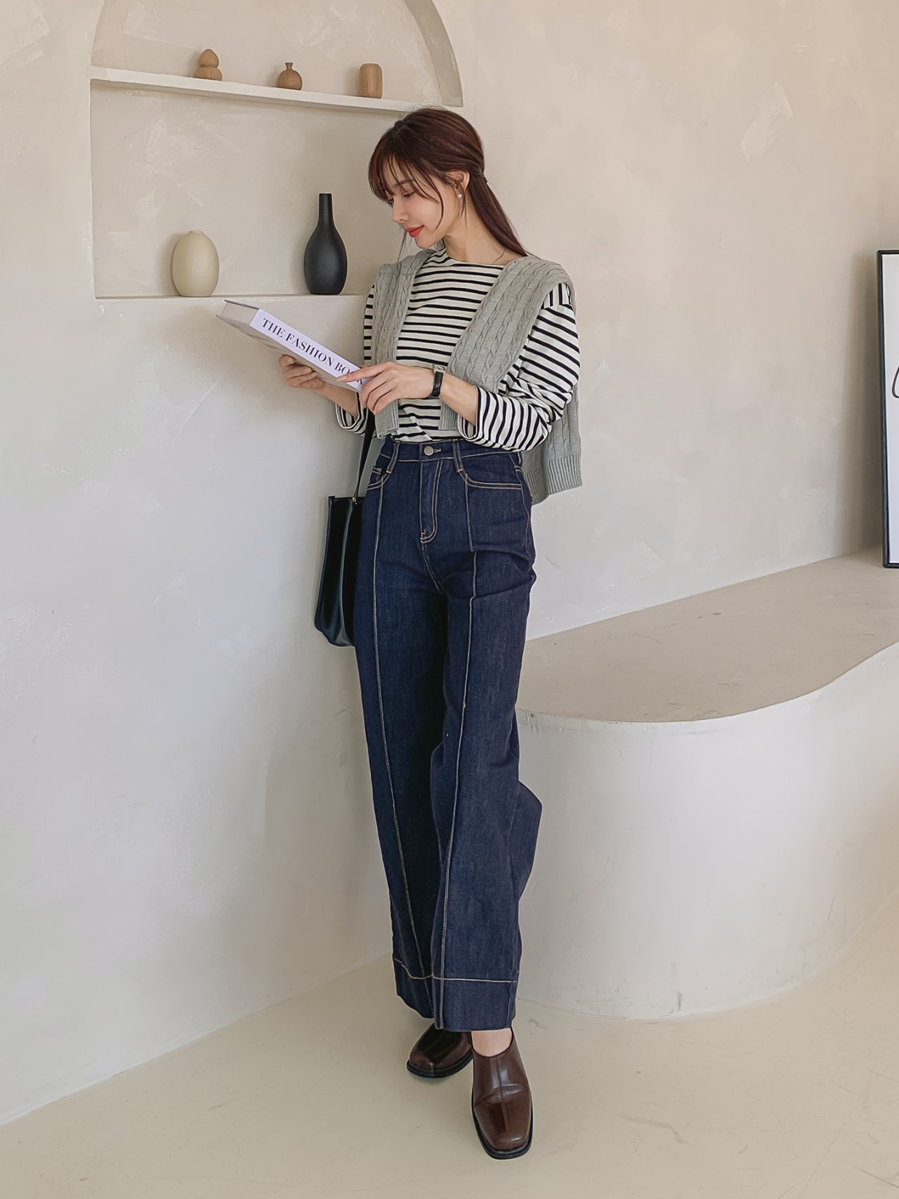 빅사이즈 핀턱 데님 9부 와이드 팬츠 진청 일자핏 가을 겨울 청바지 66 77 7번째 이미지