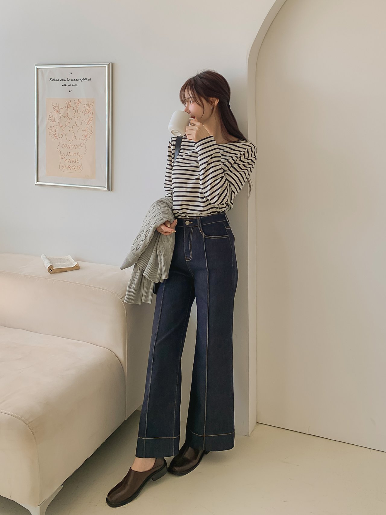 빅사이즈 핀턱 데님 9부 와이드 팬츠 진청 일자핏 가을 겨울 청바지 66 77 15번째 이미지