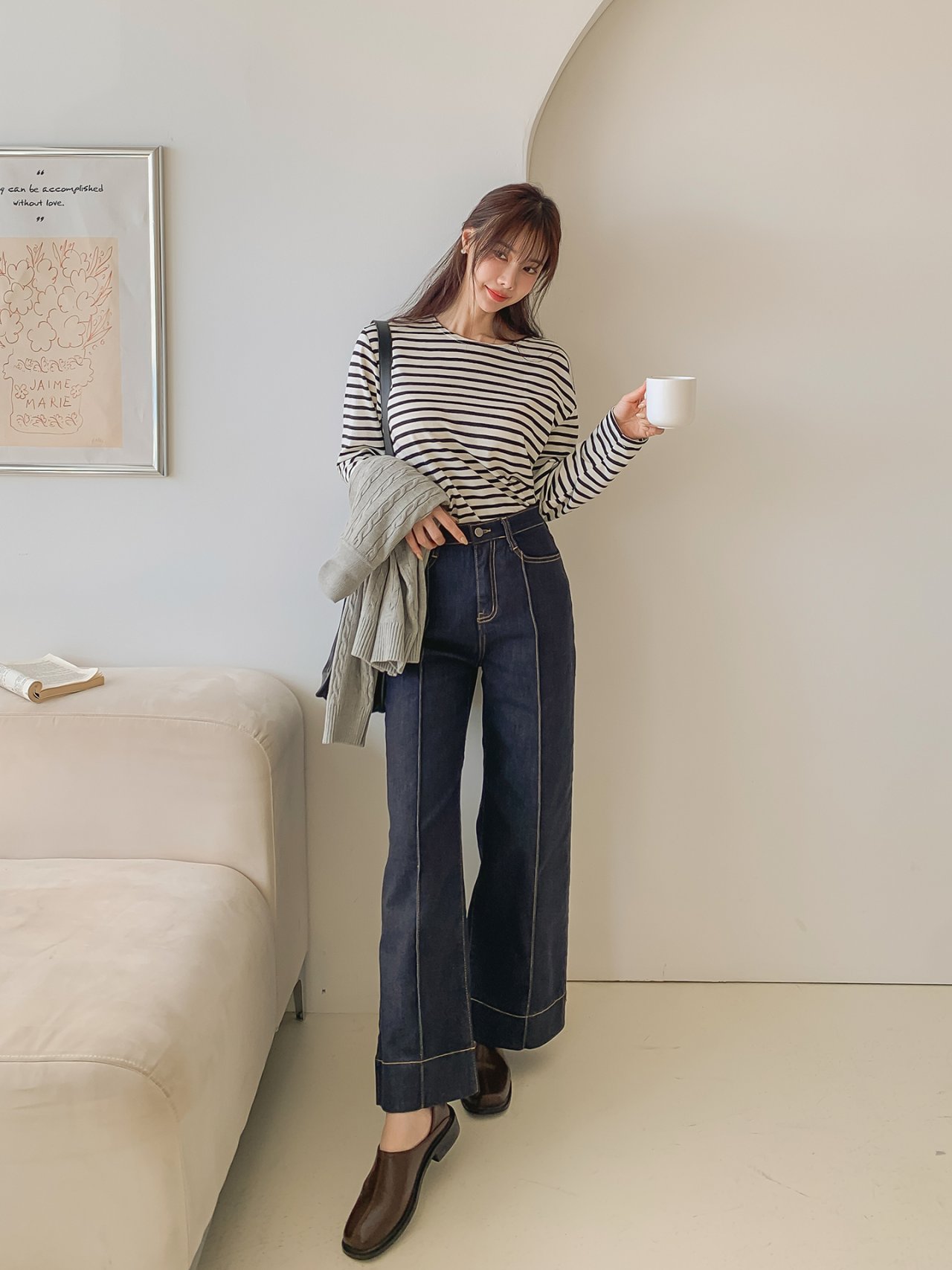 빅사이즈 핀턱 데님 9부 와이드 팬츠 진청 일자핏 가을 겨울 청바지 66 77 16번째 이미지