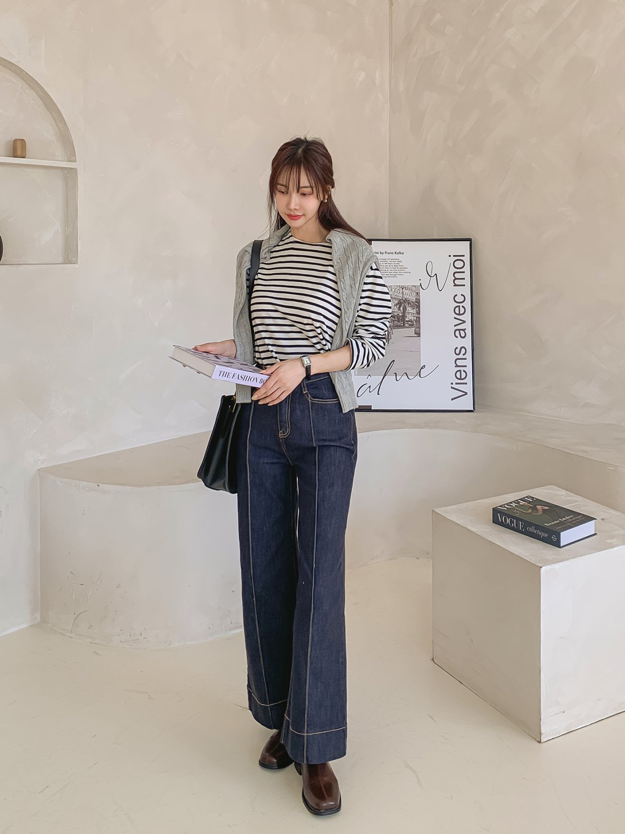 빅사이즈 핀턱 데님 9부 와이드 팬츠 진청 일자핏 가을 겨울 청바지 66 77 2번째 이미지