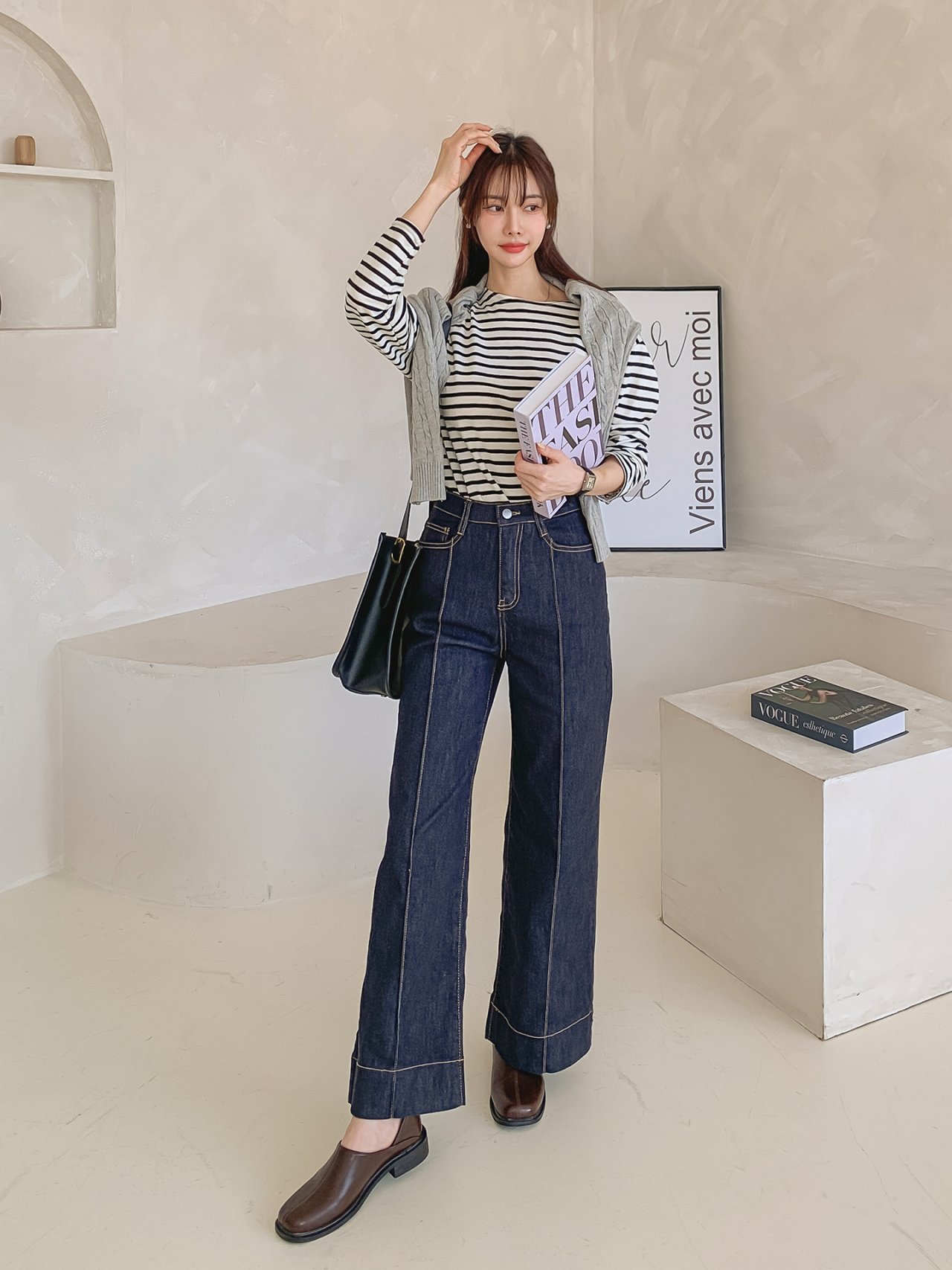 빅사이즈 핀턱 데님 9부 와이드 팬츠 진청 일자핏 가을 겨울 청바지 66 77 3번째 이미지