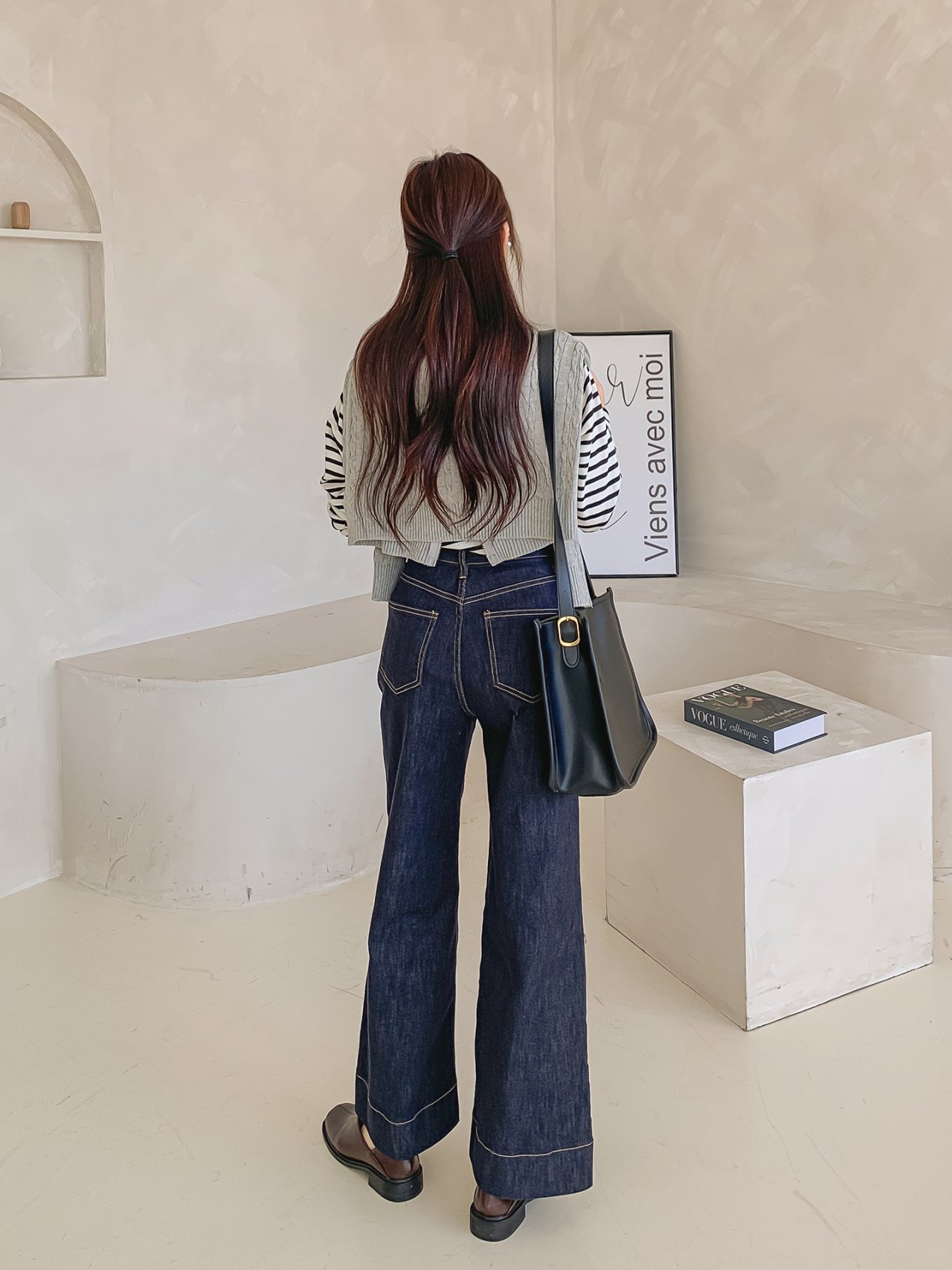 빅사이즈 핀턱 데님 9부 와이드 팬츠 진청 일자핏 가을 겨울 청바지 66 77 4번째 이미지