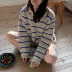 오픈 카라넥 스트라이프 긴팔