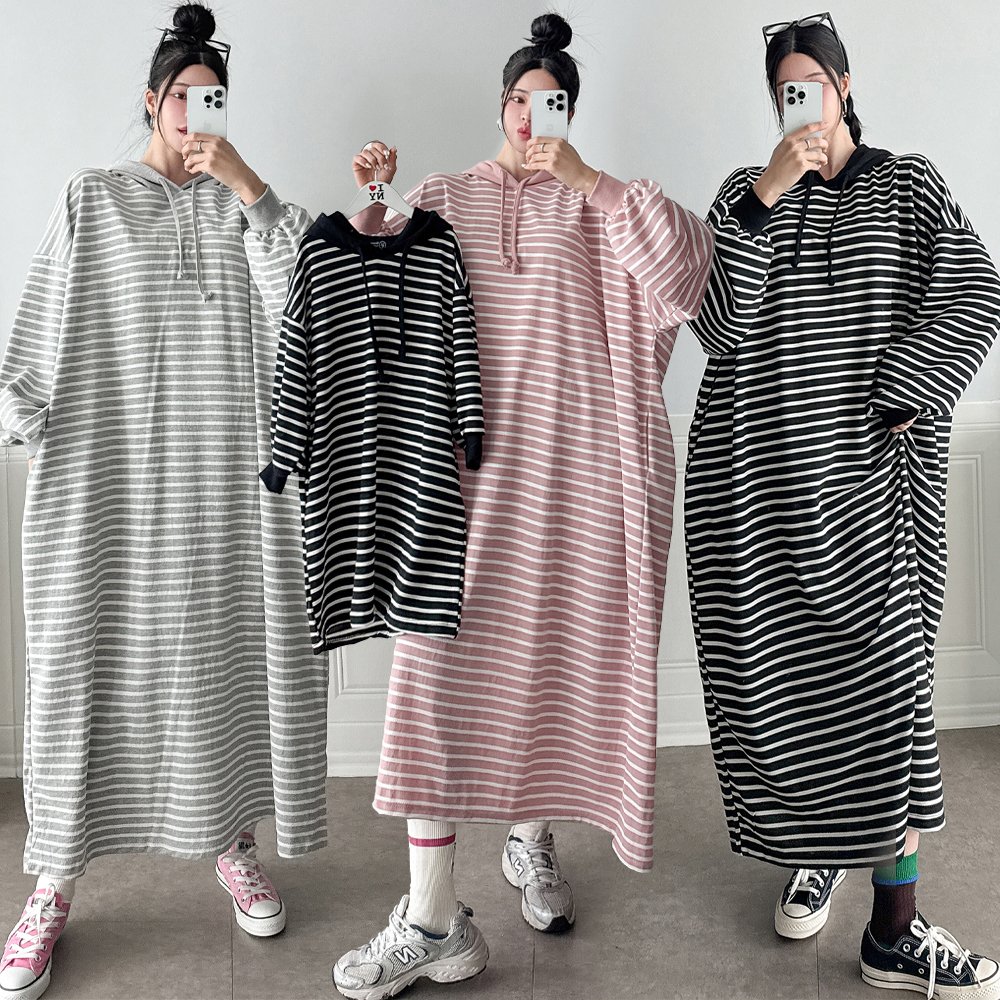 맘커플 모녀룩 빅사이즈 맨투맨 후드 단가라 스트라이프 원피스 임산부 엄마랑딸 루즈핏 오버핏 2번째 이미지