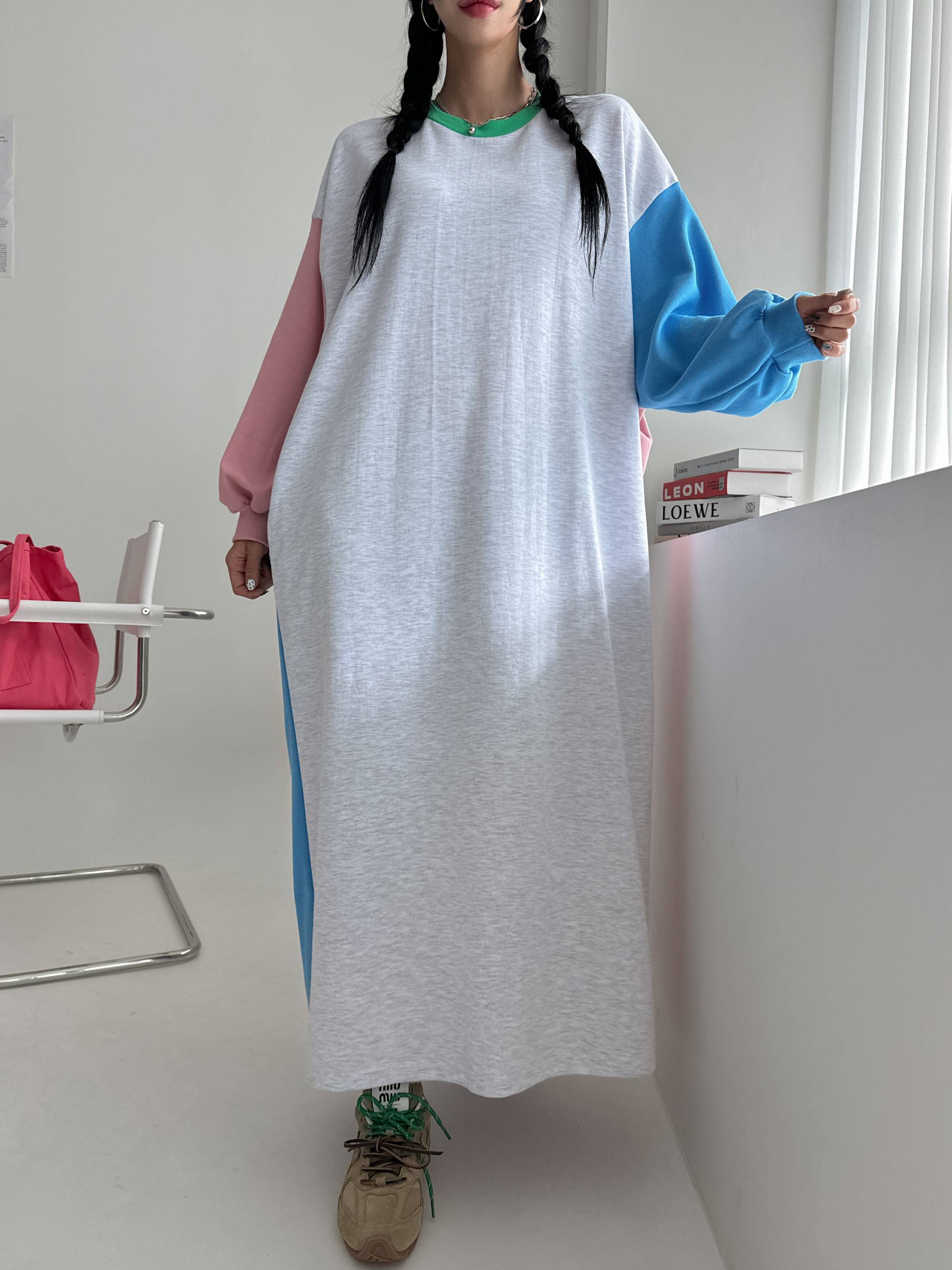 배색 빅사이즈 맨투맨 롱 맥시 긴팔 원피스 임산부 임부복 루즈핏 오버핏 77 88 99 6번째 이미지