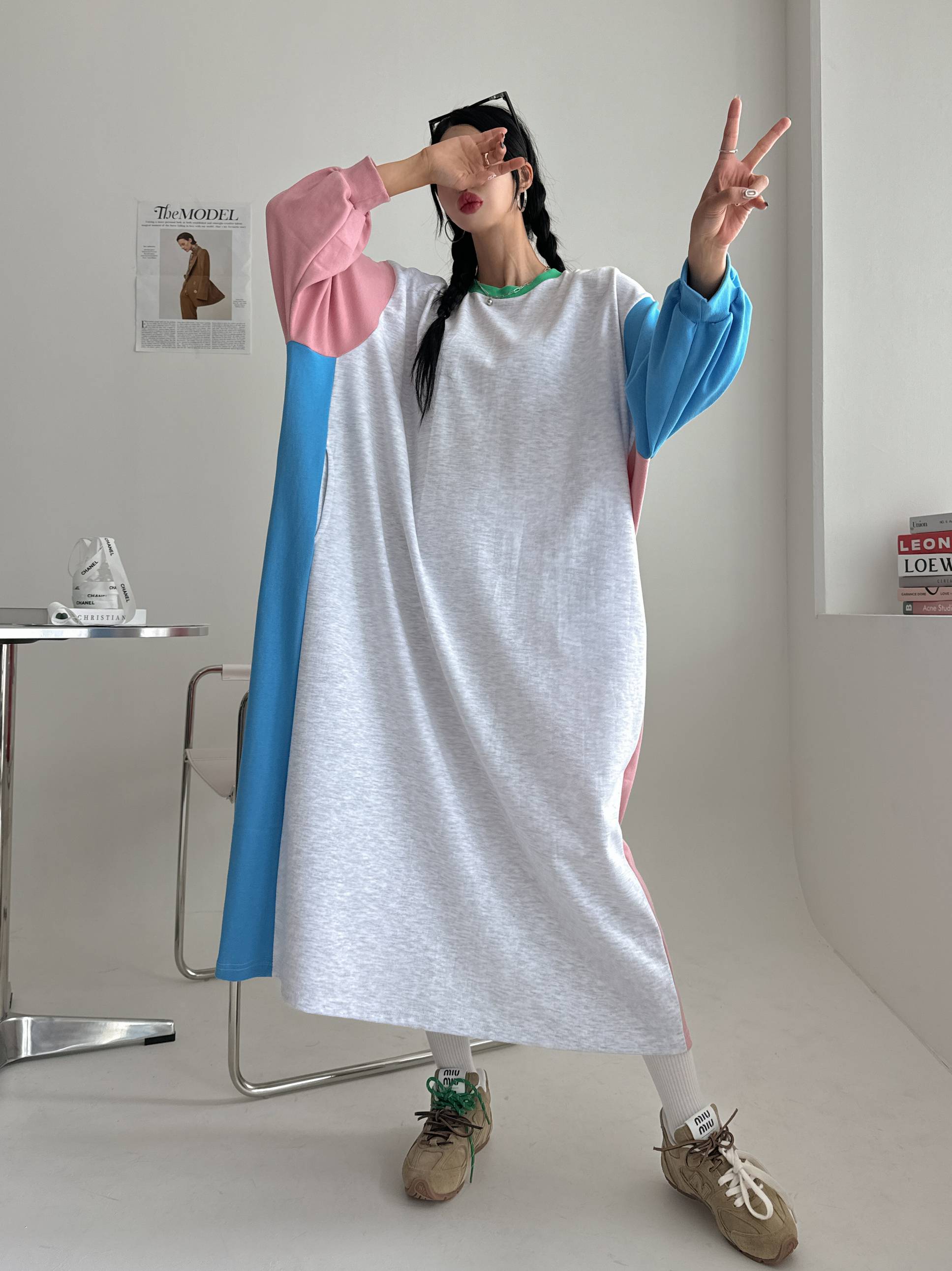 배색 빅사이즈 맨투맨 롱 맥시 긴팔 원피스 임산부 임부복 루즈핏 오버핏 77 88 99 9번째 이미지