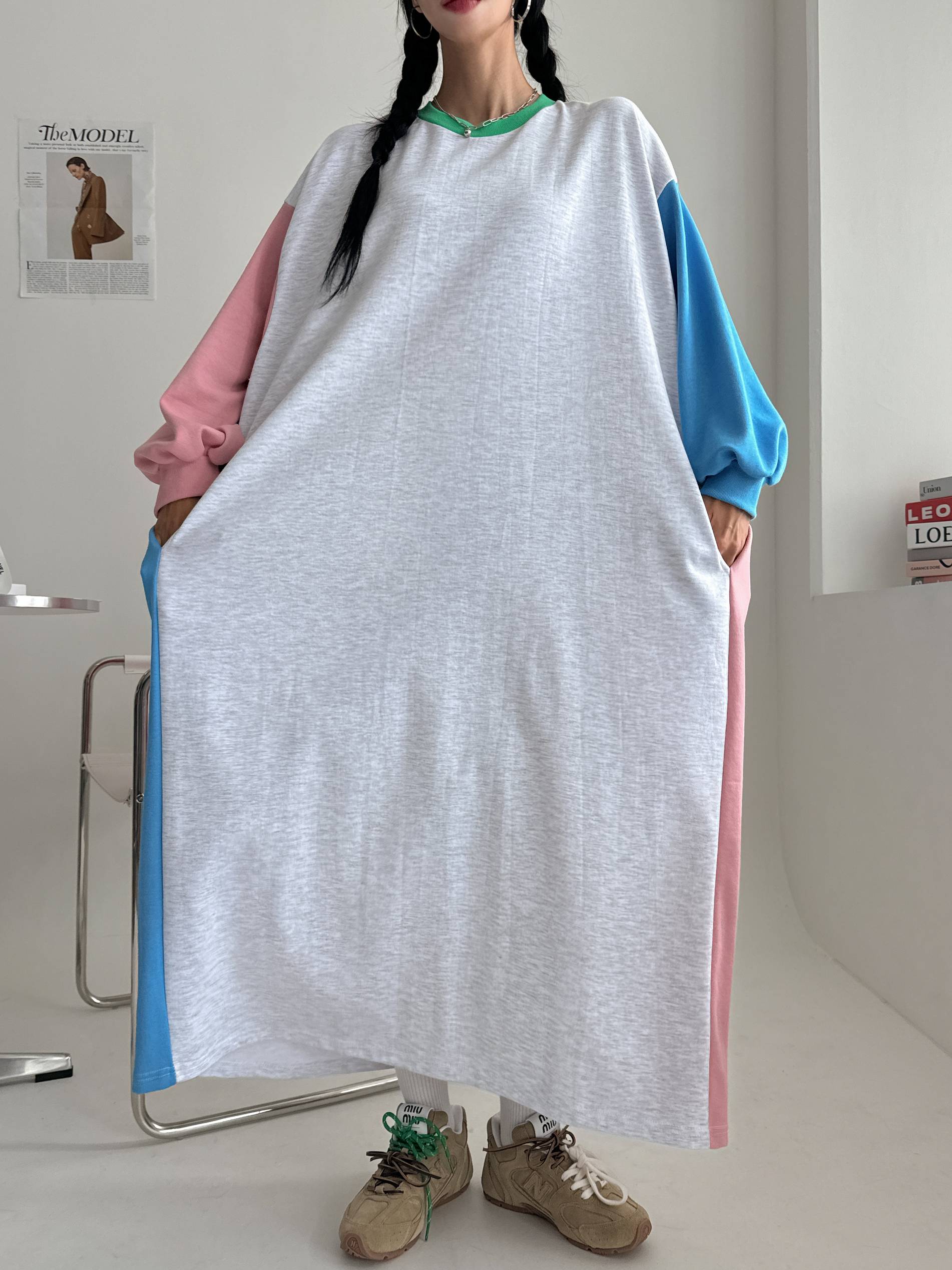 배색 빅사이즈 맨투맨 롱 맥시 긴팔 원피스 임산부 임부복 루즈핏 오버핏 77 88 99 10번째 이미지