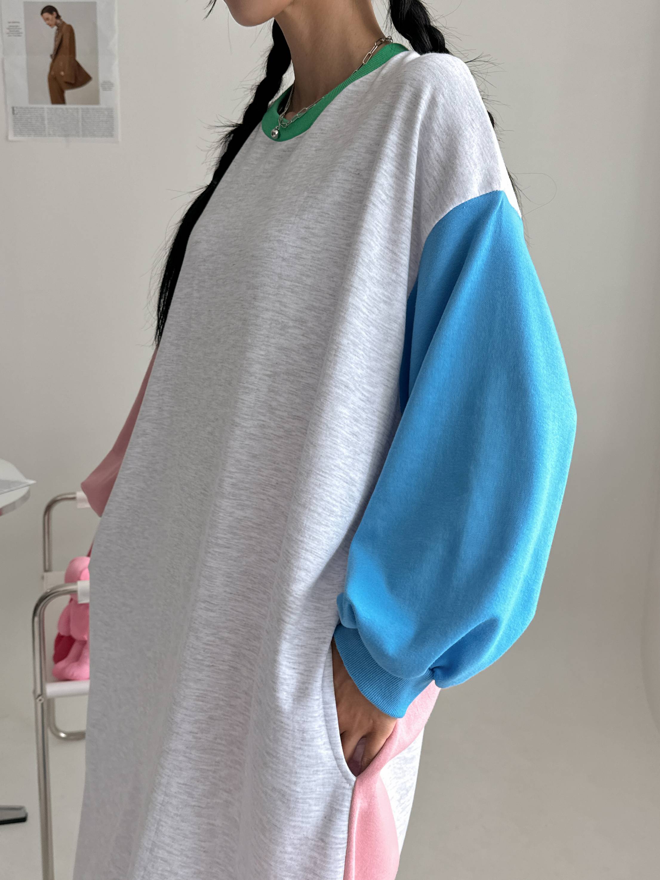 배색 빅사이즈 맨투맨 롱 맥시 긴팔 원피스 임산부 임부복 루즈핏 오버핏 77 88 99 15번째 이미지