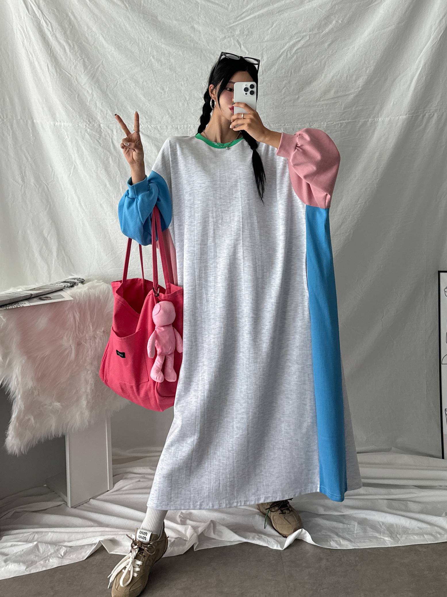 배색 빅사이즈 맨투맨 롱 맥시 긴팔 원피스 임산부 임부복 루즈핏 오버핏 77 88 99 20번째 이미지