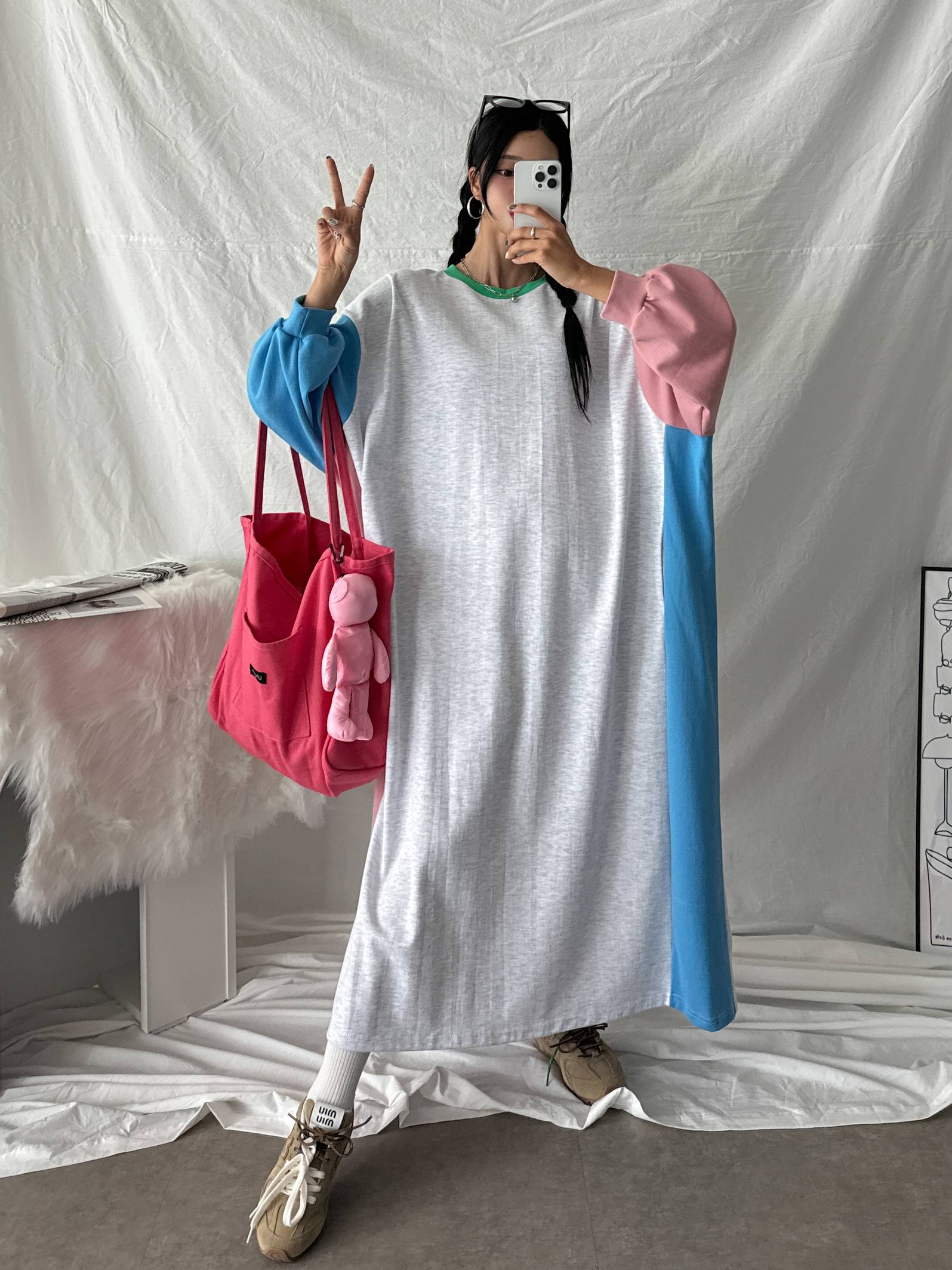 배색 빅사이즈 맨투맨 롱 맥시 긴팔 원피스 임산부 임부복 루즈핏 오버핏 77 88 99 21번째 이미지