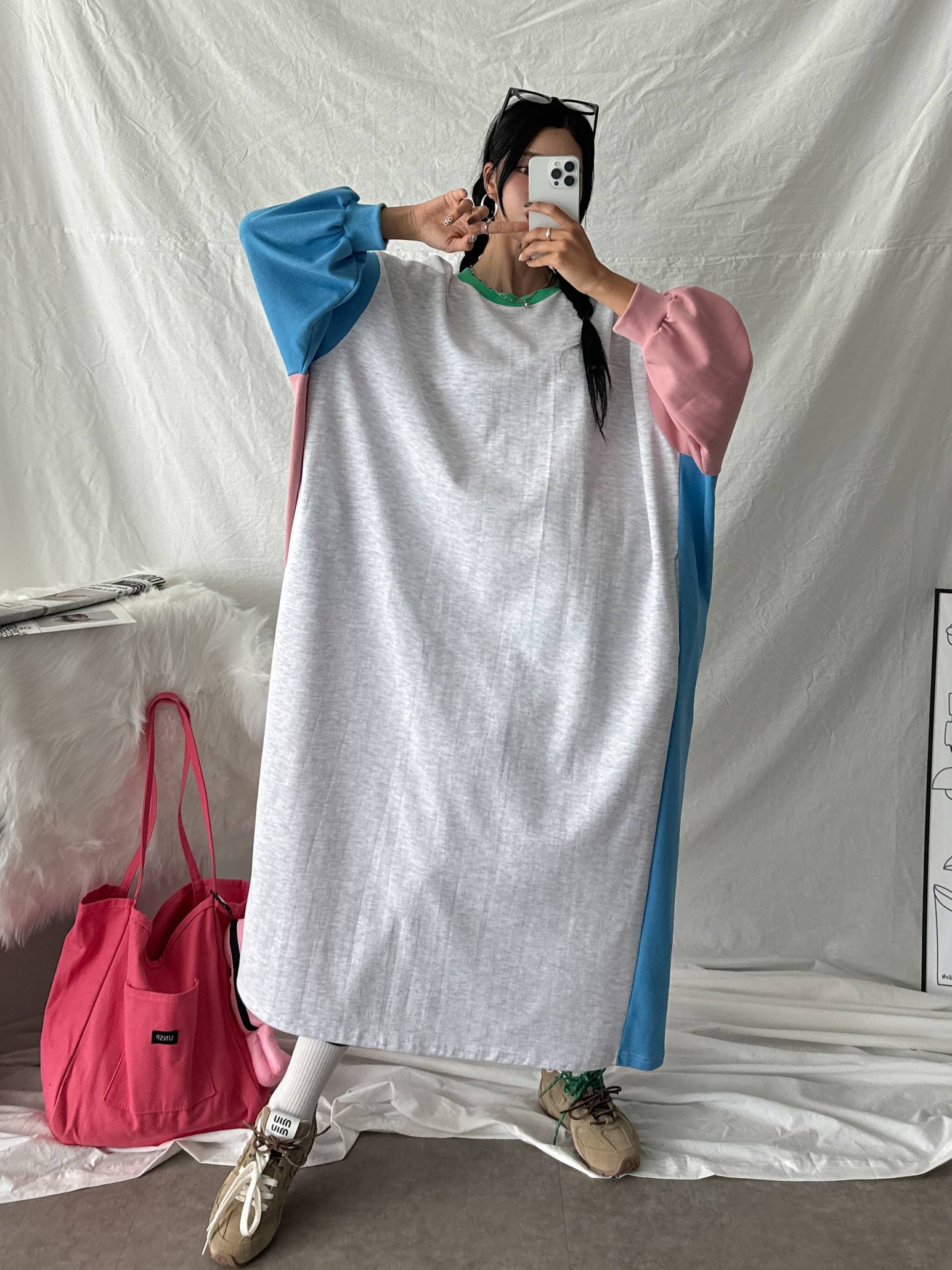 배색 빅사이즈 맨투맨 롱 맥시 긴팔 원피스 임산부 임부복 루즈핏 오버핏 77 88 99 24번째 이미지