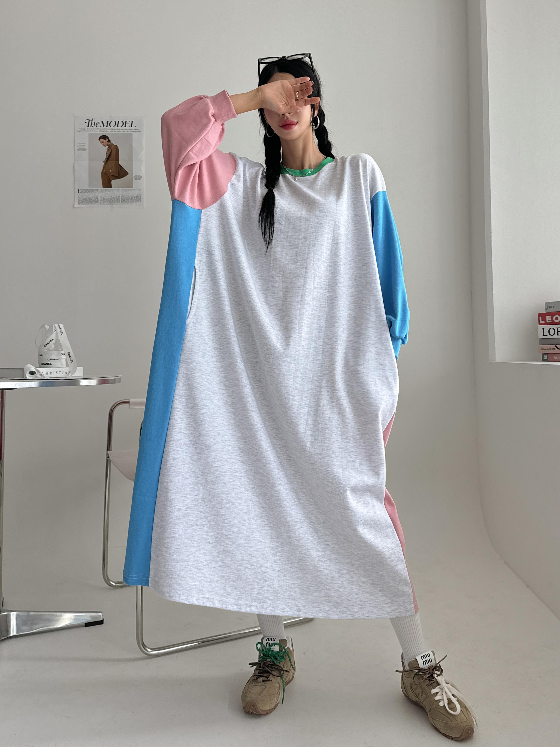 배색 빅사이즈 맨투맨 롱 맥시 긴팔 원피스 임산부 임부복 루즈핏 오버핏 77 88 99 27번째 이미지
