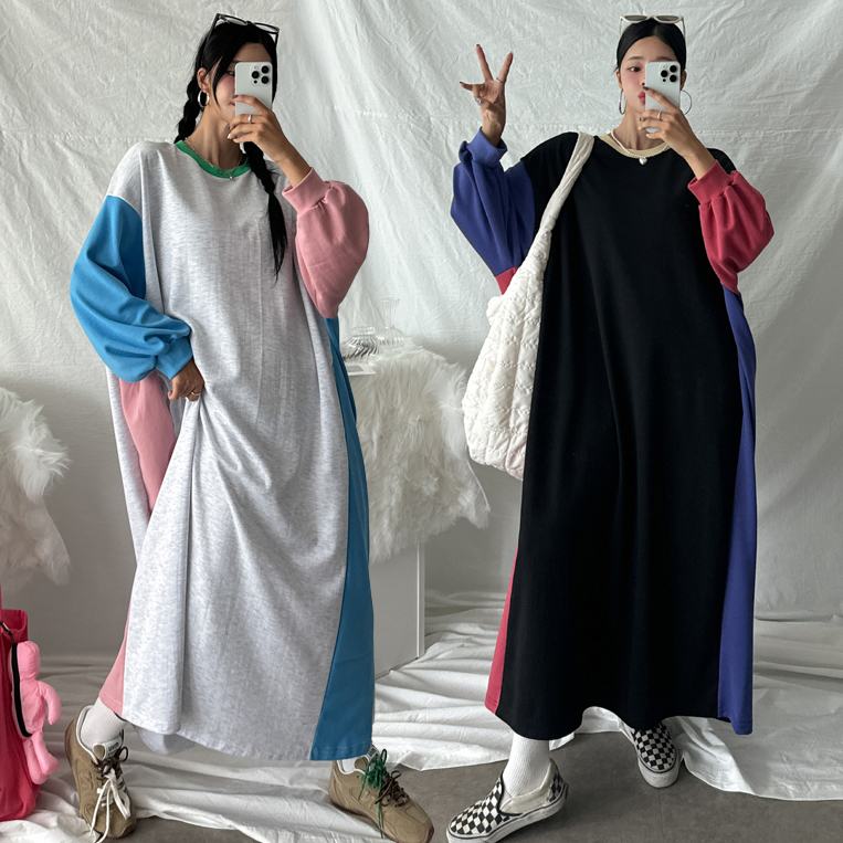 배색 빅사이즈 맨투맨 롱 맥시 긴팔 원피스 임산부 임부복 루즈핏 오버핏 77 88 99 1번째 이미지