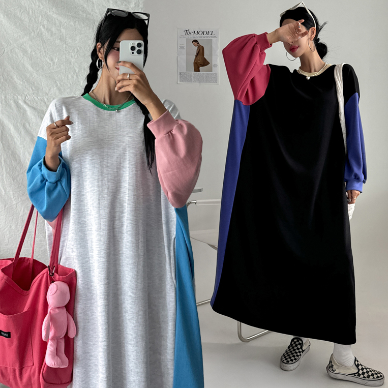 배색 빅사이즈 맨투맨 롱 맥시 긴팔 원피스 임산부 임부복 루즈핏 오버핏 77 88 99 2번째 이미지