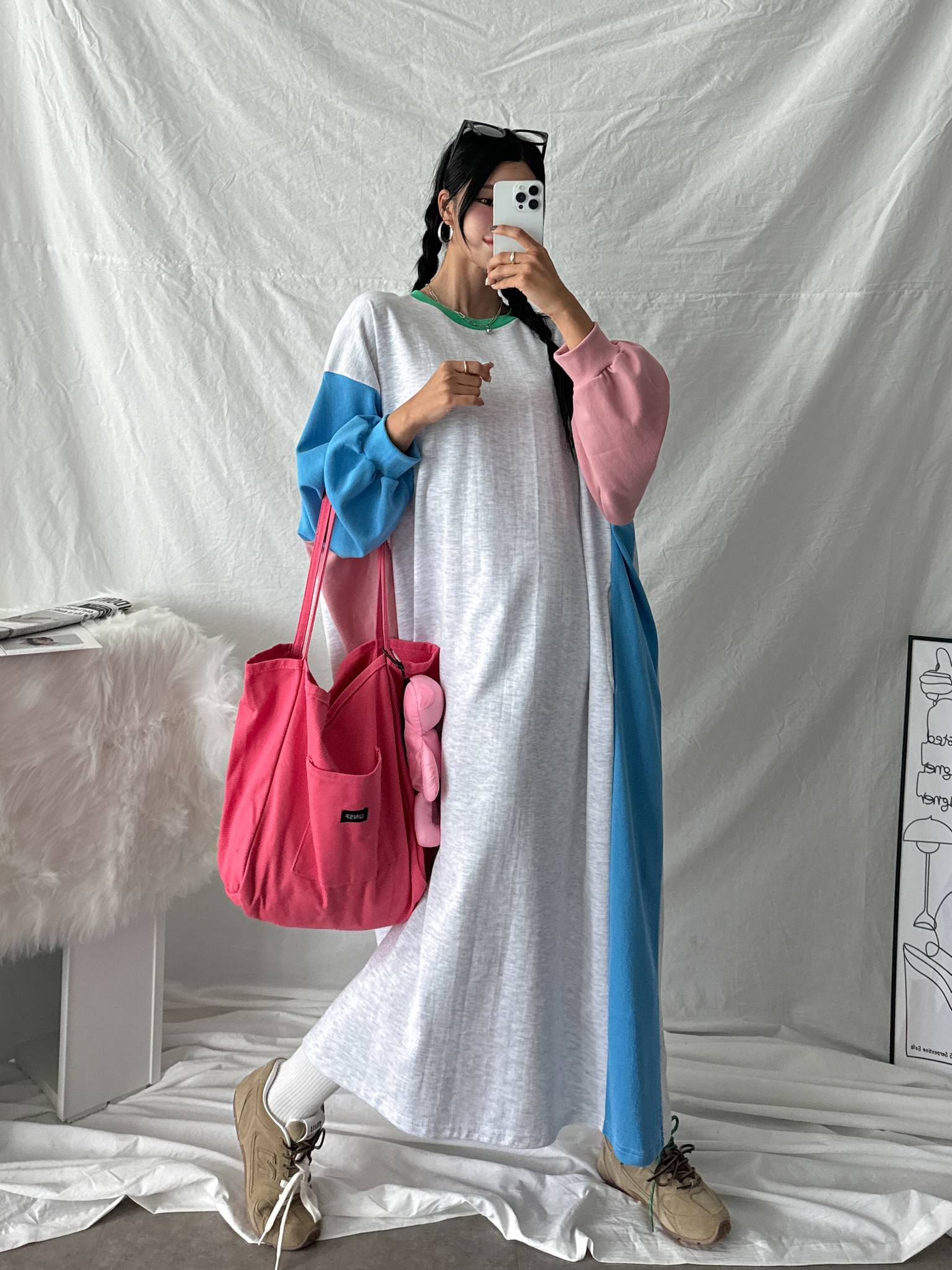 배색 빅사이즈 맨투맨 롱 맥시 긴팔 원피스 임산부 임부복 루즈핏 오버핏 77 88 99 3번째 이미지