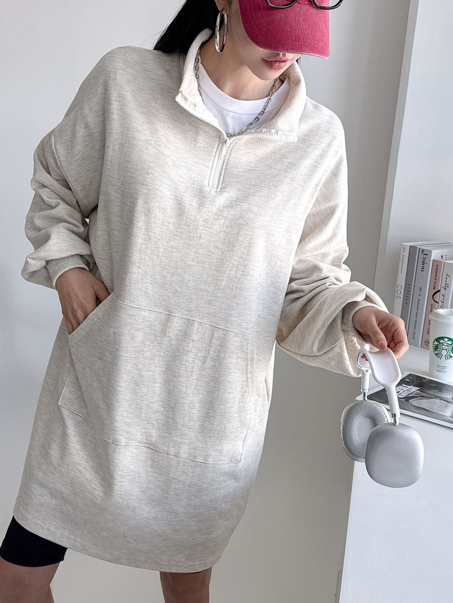 빅사이즈 반집업 롱 맨투맨 미니 원피스 힙커버 키작녀 루즈핏 오버핏 학생 봄 가을 무지 30번째 이미지