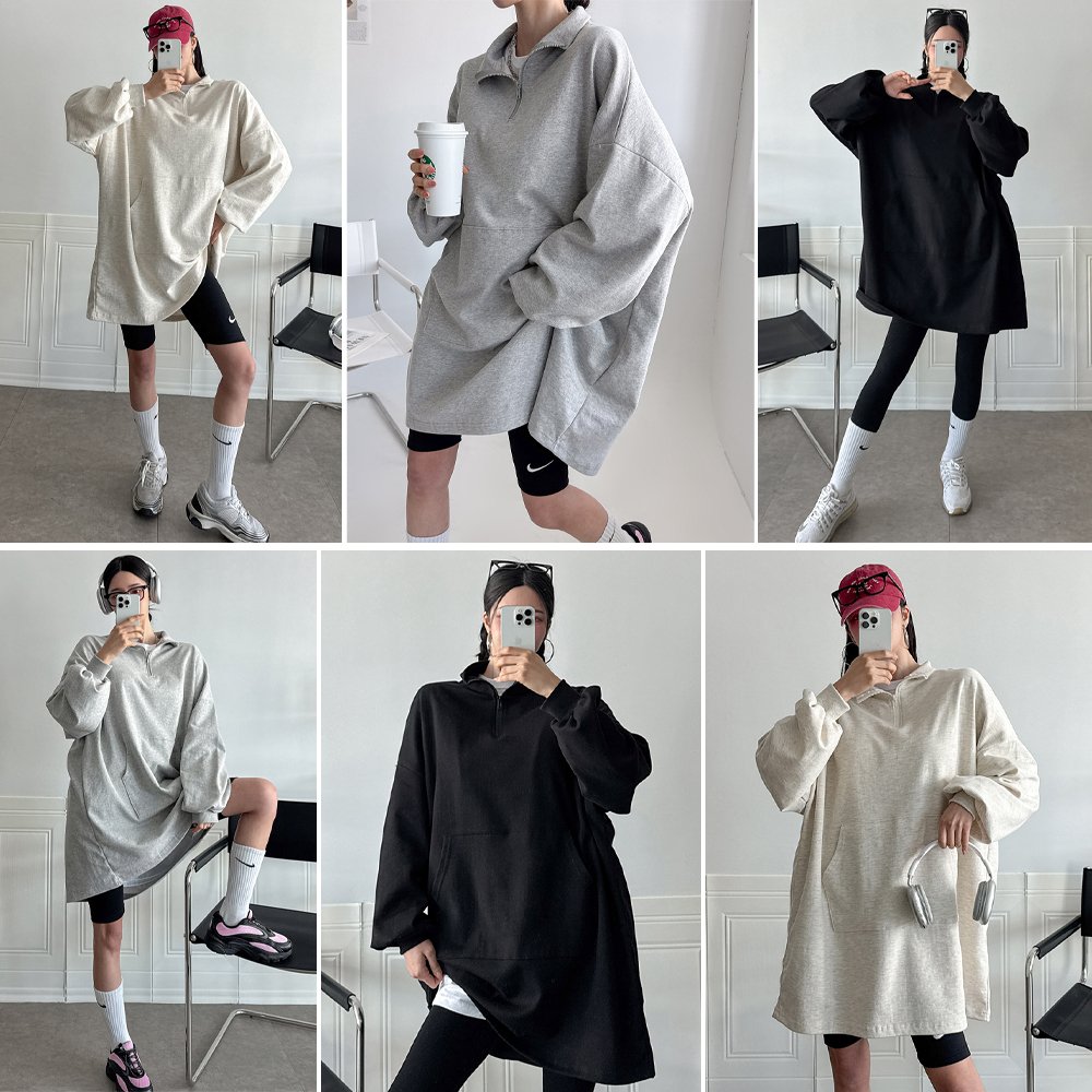 빅사이즈 반집업 롱 맨투맨 미니 원피스 힙커버 키작녀 루즈핏 오버핏 학생 봄 가을 무지 2번째 이미지