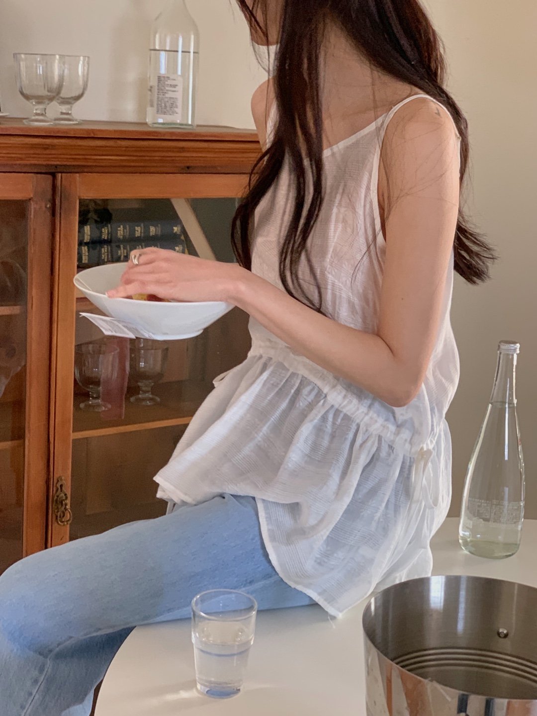 시스루 나시 뷔스티에 미니 슬립 레이어드 원피스 여름 바캉스 비치 휴가 스트링 블라우스 2번째 이미지