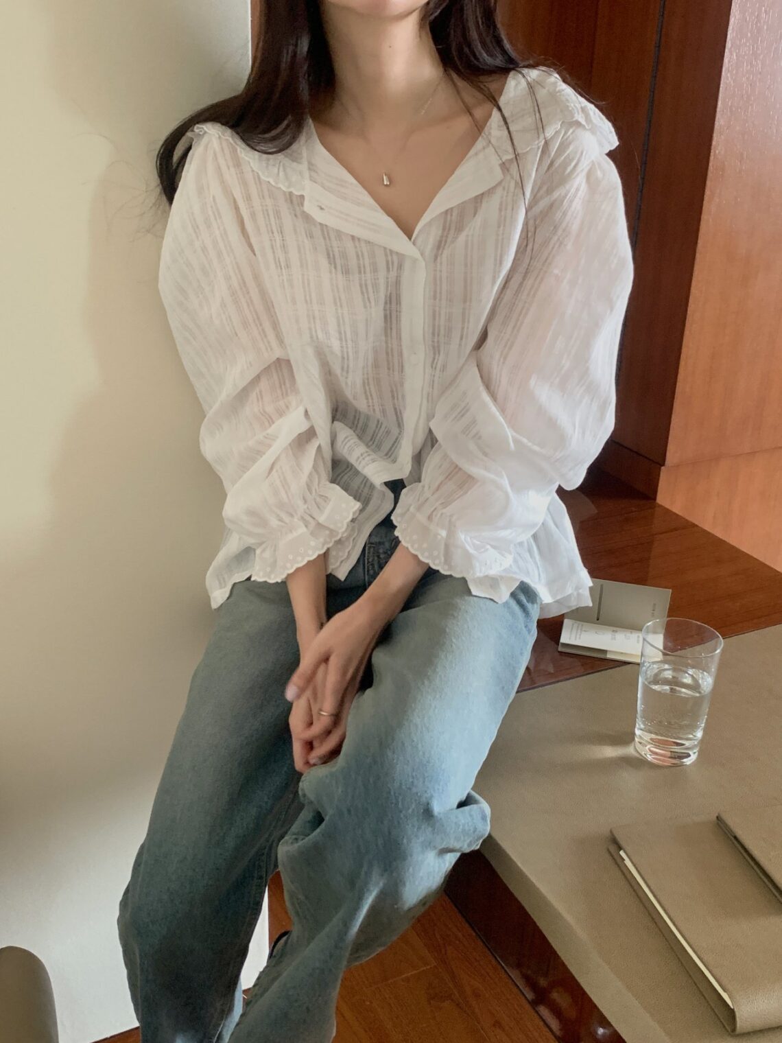 시스루 후드 셔링 남방 셔츠 얇은 긴팔 여름 실내 가디건 비치 커버업 레이스 빈티지 봄 MAIN_0 이미지