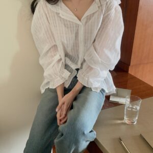 시스루 후드 셔링 남방 셔츠 얇은 긴팔 여름 실내 가디건 비치 커버업 레이스 빈티지 봄 MAIN_0 이미지