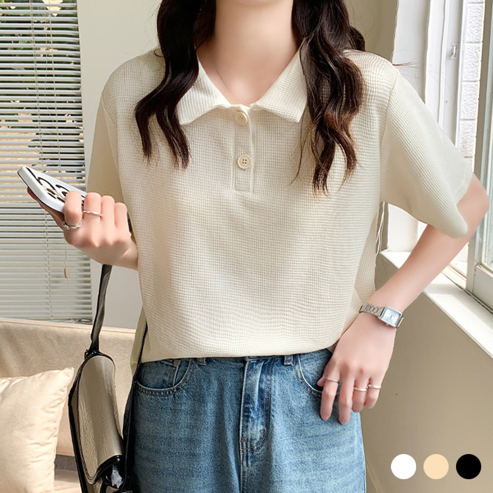 여자 와플 짜임 카라 반팔 티셔츠 빅사이즈 MAIN_0 이미지
