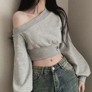 원오프숄더 맨투맨 크롭긴팔티