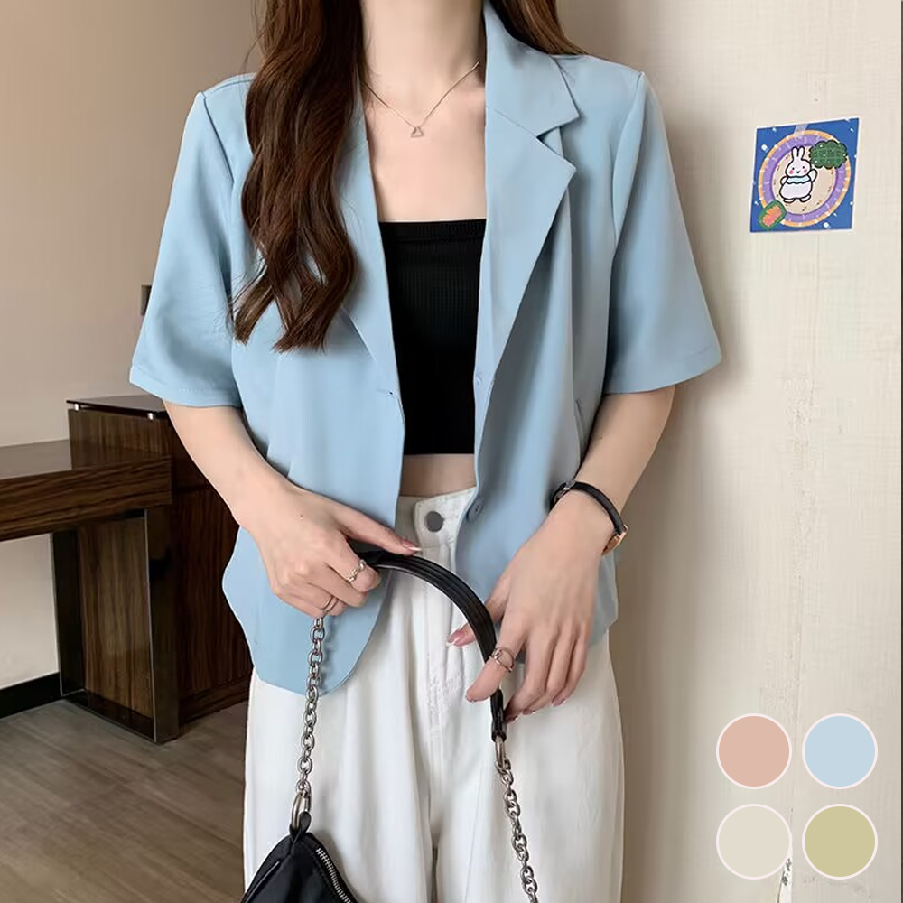 크롭 기장 단정 자켓식 반팔 셔츠 빅사이즈 MAIN_0 이미지