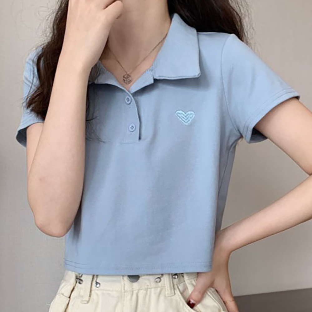 하트 자수 카라 캡소매 크롭 반팔티 MAIN_0 이미지
