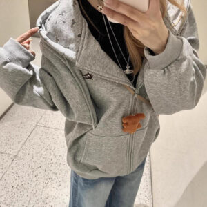 강아지 자수 패턴 루즈핏 얇은 회색 후드집업 긴팔티 MAIN_0 이미지