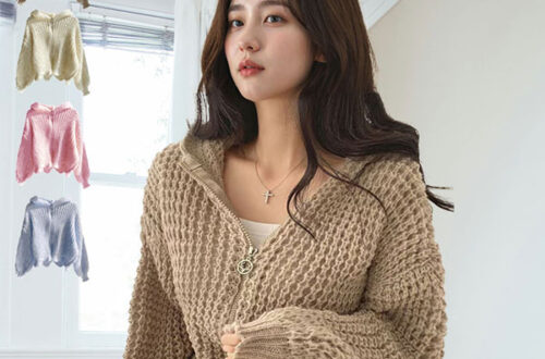 봄 그물 크롭 후드 니트 벌룬 가디건 MAIN_0 이미지
