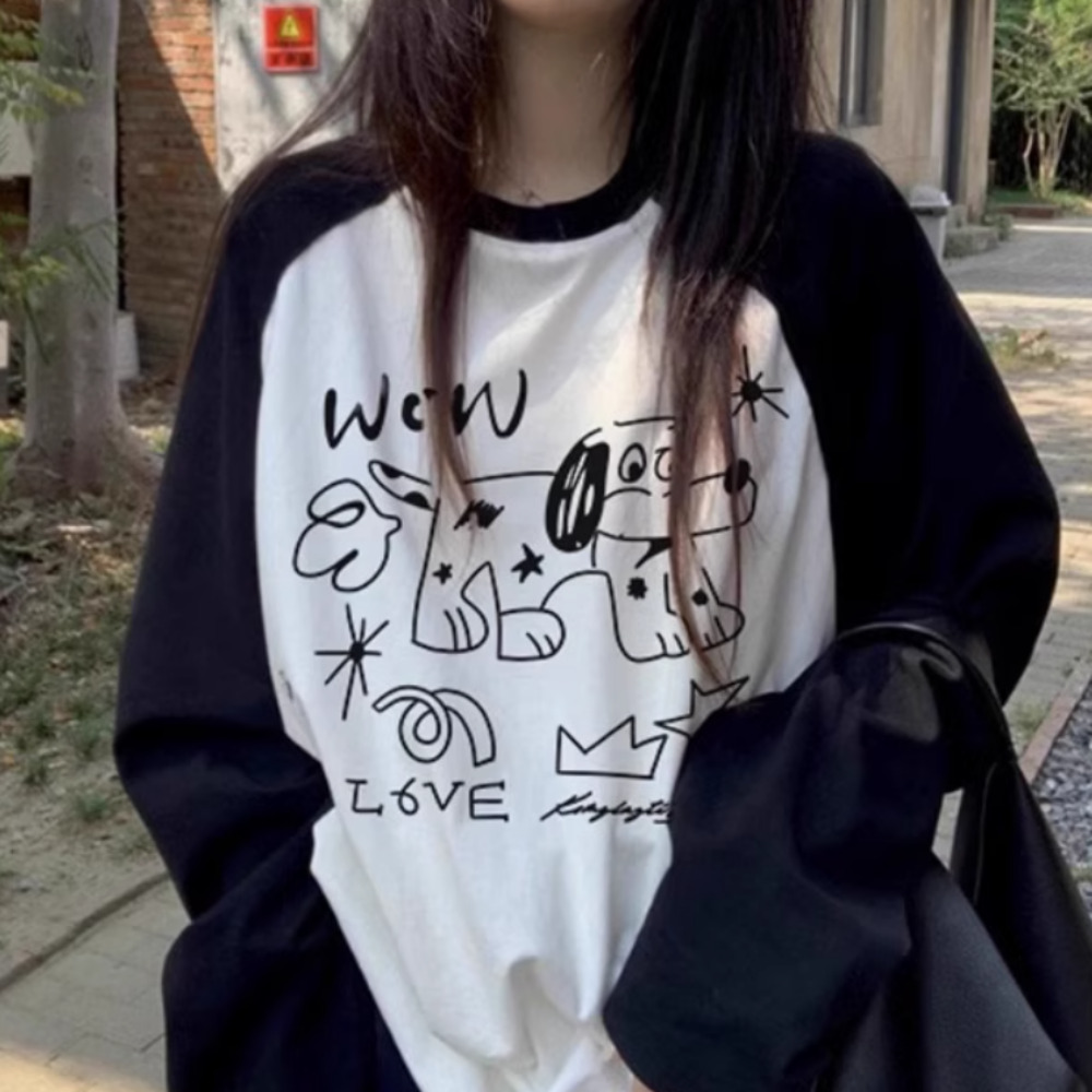 강아지 프린트 배색 긴팔 티셔츠 MAIN_0 이미지