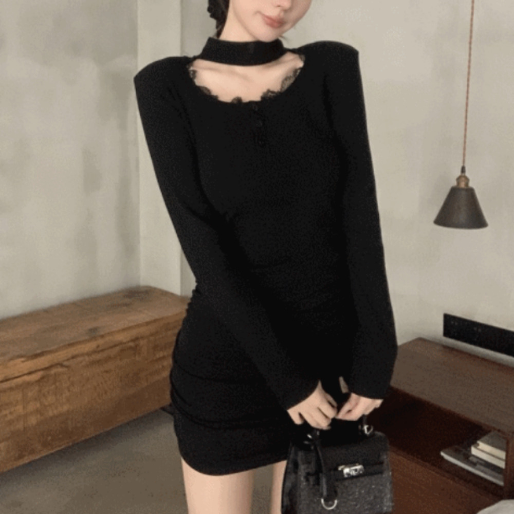 레이스 버튼 셔링 미니원피스 MAIN_0 이미지